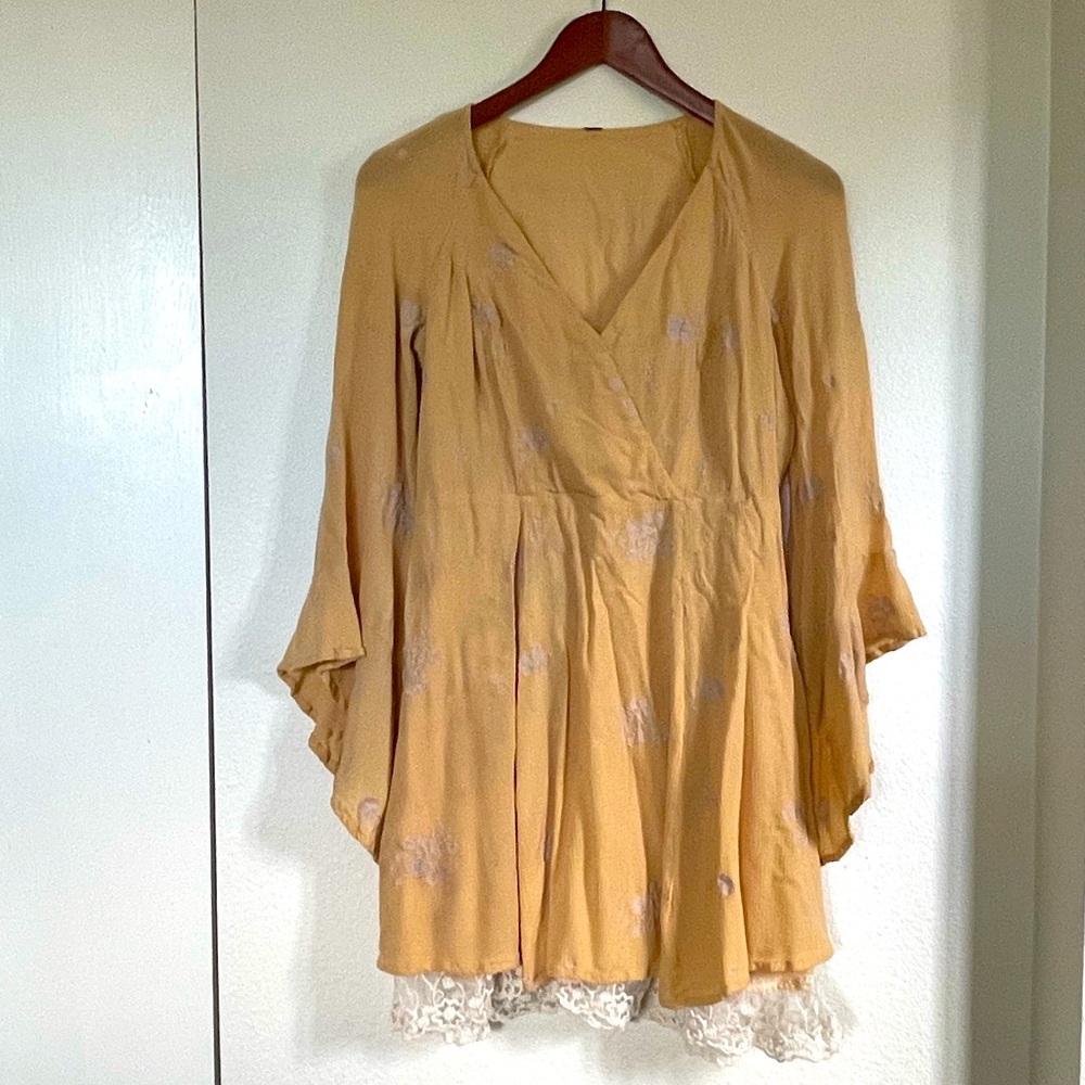 Yellow, Free People, bell sleeve, embroidered dress